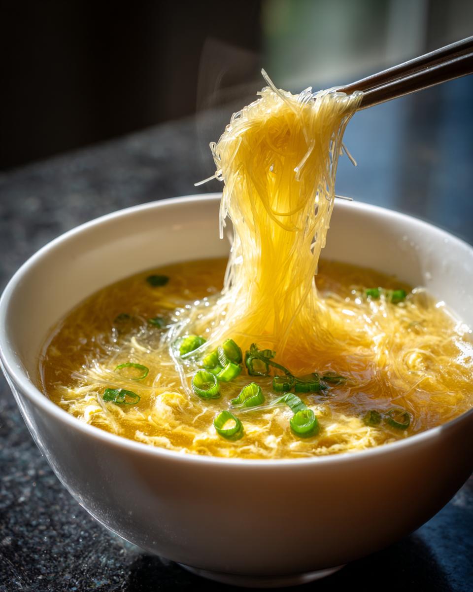 Chopsticks lifting thin, yellow noodles from a bowl of hot egg drop soup garnished with green onions.
