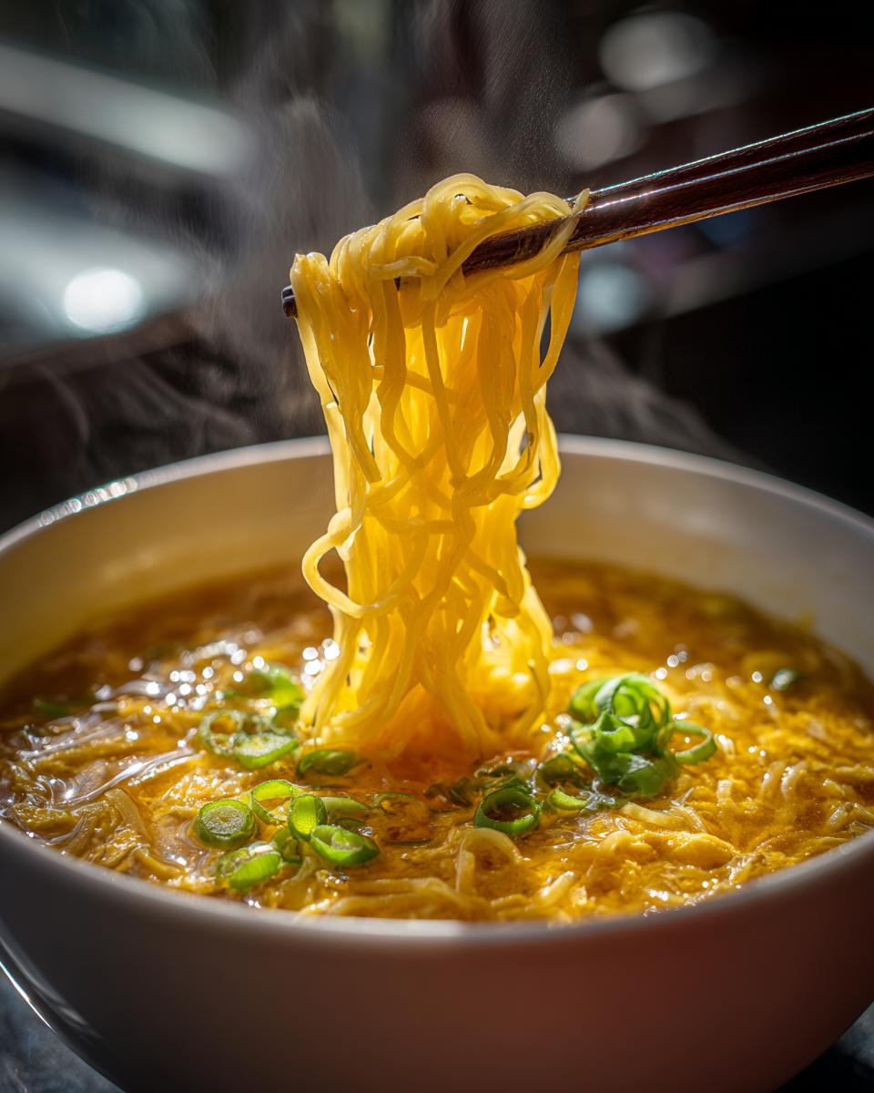 Chopsticks lifting steaming yellow noodles from a bowl of rich egg drop soup garnished with green onions.