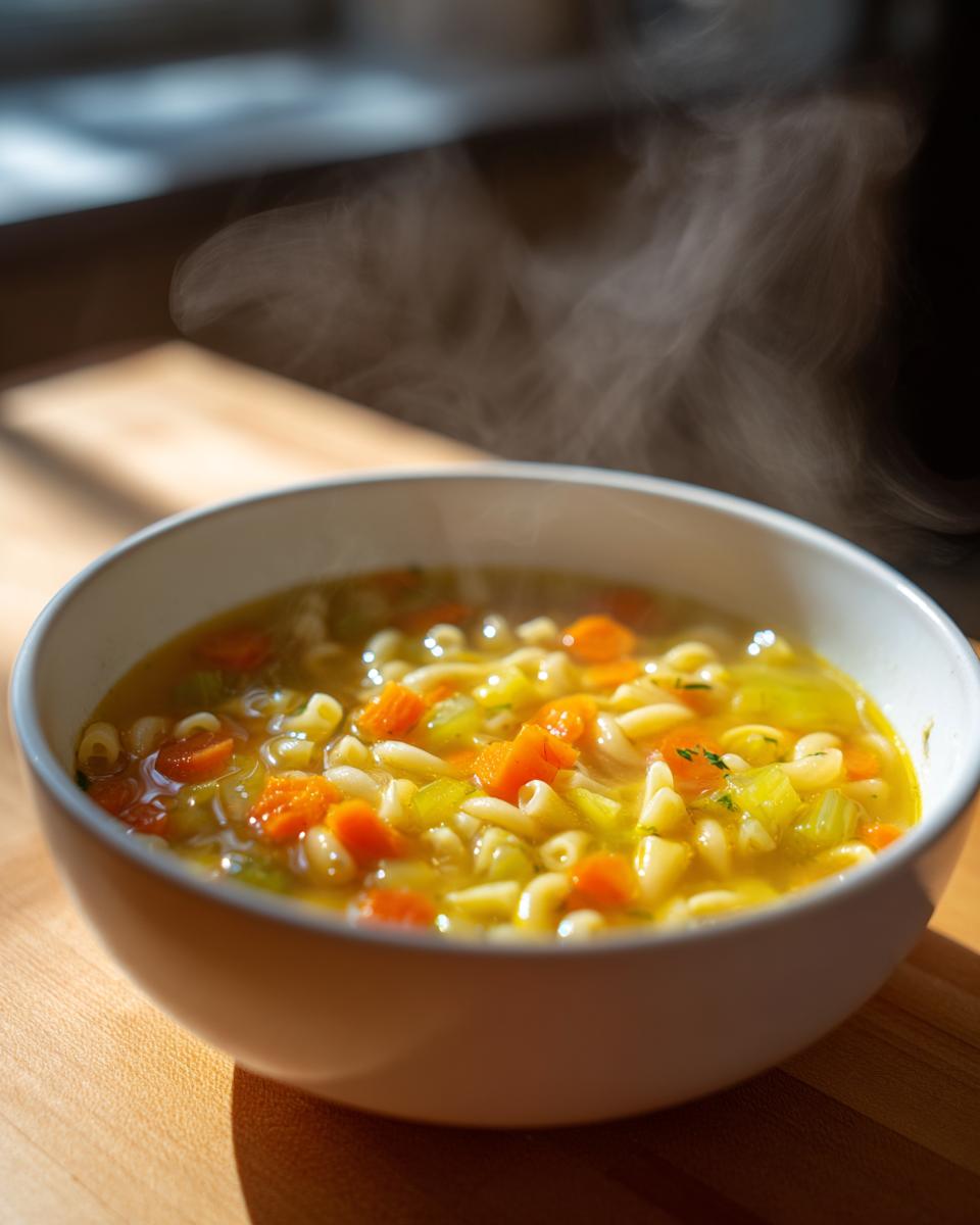 A close-up of a steaming white bowl filled with hot penicillin soup, featuring elbow macaroni, carrots, and celery.