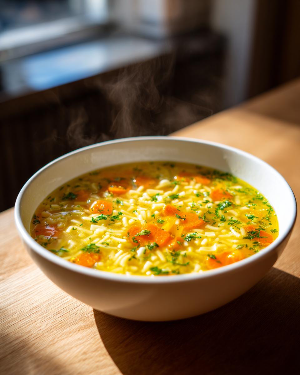 A steaming white bowl filled with bright yellow penicillin soup, featuring small noodles, diced carrots, and fresh parsley.