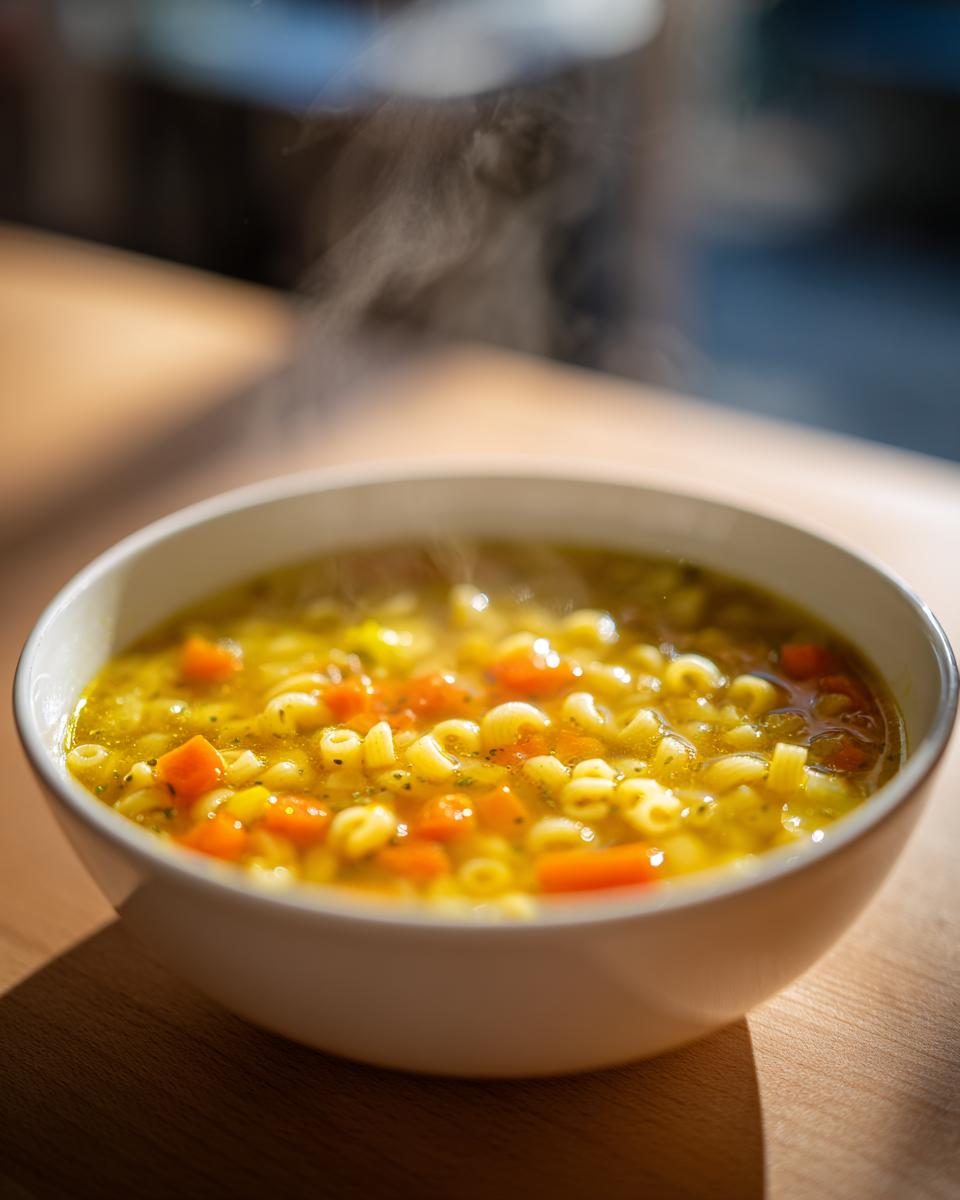 Close-up of a steaming white bowl filled with bright yellow penicillin soup containing small pasta shapes and diced carrots.