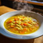 A close-up of a steaming white bowl filled with bright yellow penicillin soup, featuring carrots, celery, and egg noodles.