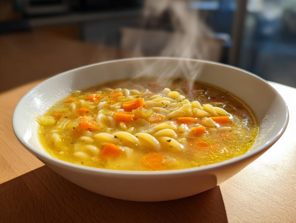 A close-up of a white bowl filled with hot, steaming penicillin soup featuring rotini pasta and bright orange carrots.