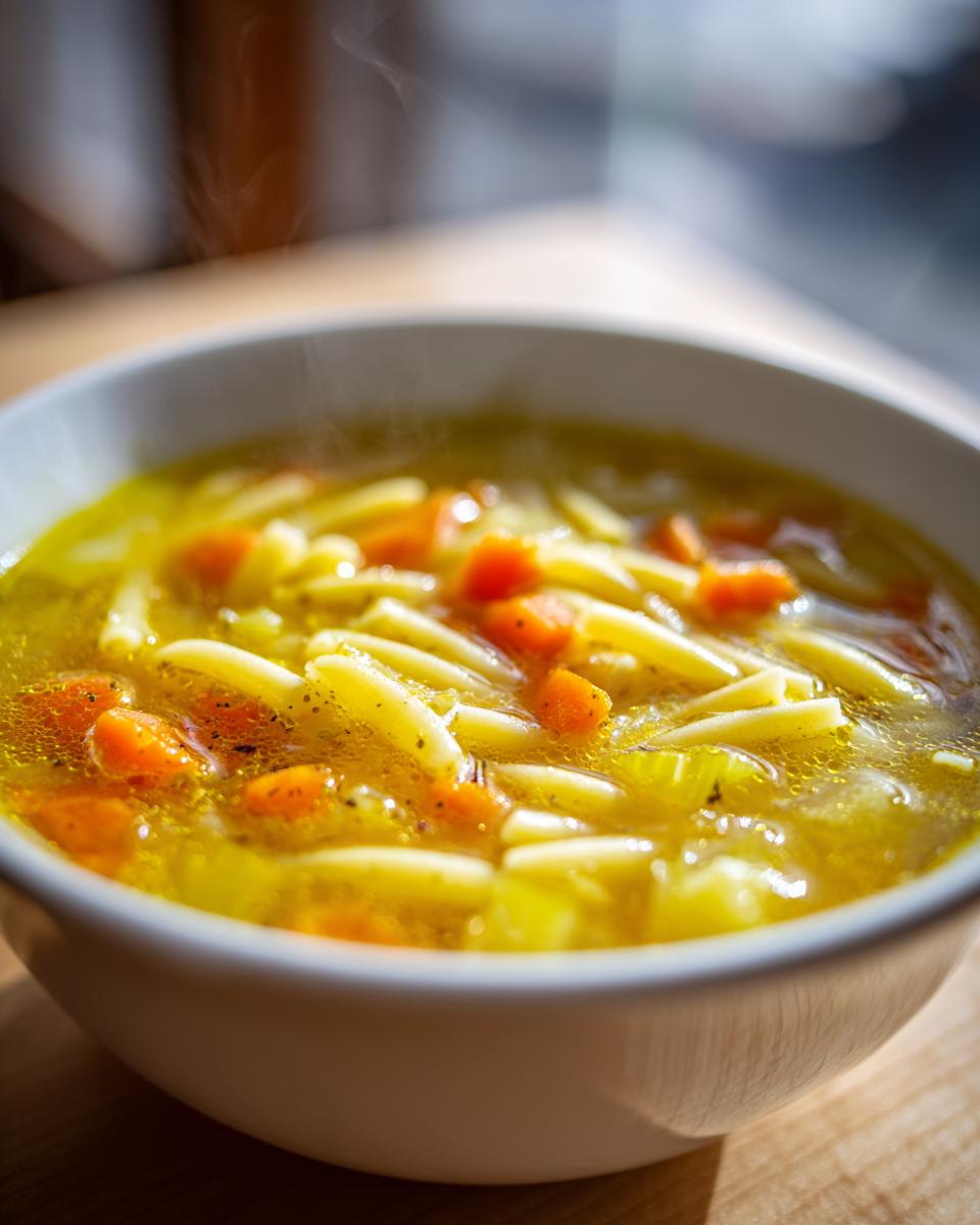 Close-up of a steaming white bowl filled with bright yellow penicillin soup, featuring egg noodles and chunks of orange carrots.