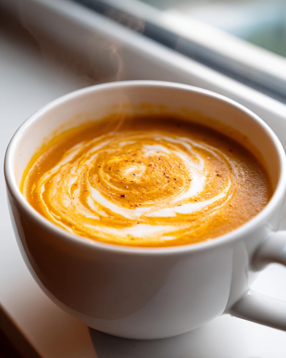 Close-up of hot roasted butternut squash soup with a cream swirl garnish, steaming gently.