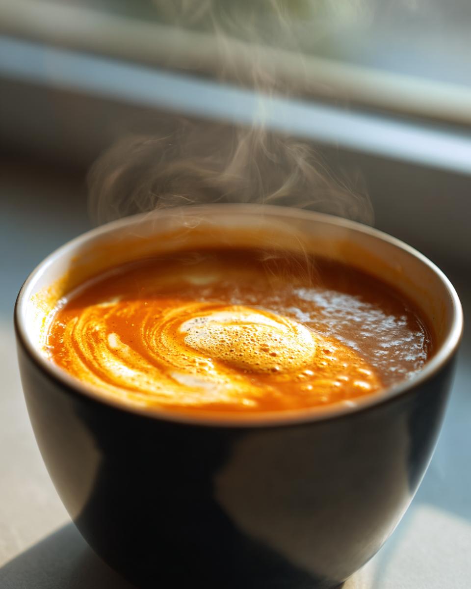 Close-up of steaming roasted butternut squash soup garnished with a swirl of cream.