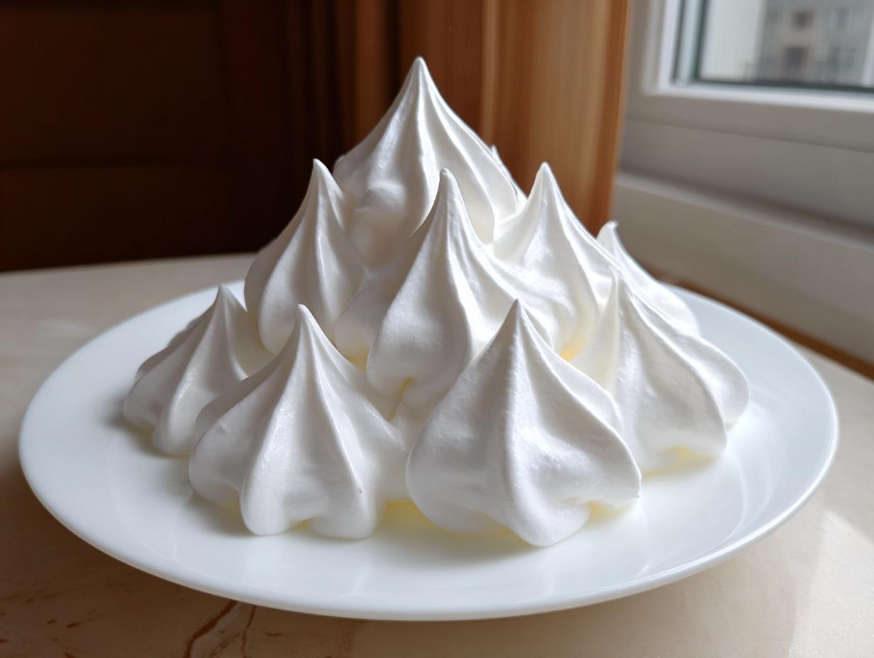 A mound of stiff, glossy white gingerbread house icing piped into sharp peaks on a white plate.