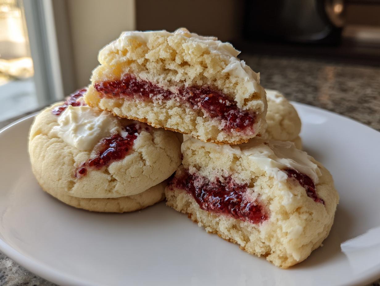 Close-up of soft strawberry cheesecake cookies, showing the bright red jam filling inside the cookie.