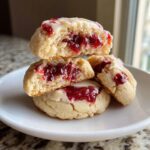 Stack of soft strawberry cheesecake cookies, one cut in half showing the bright red jam filling.