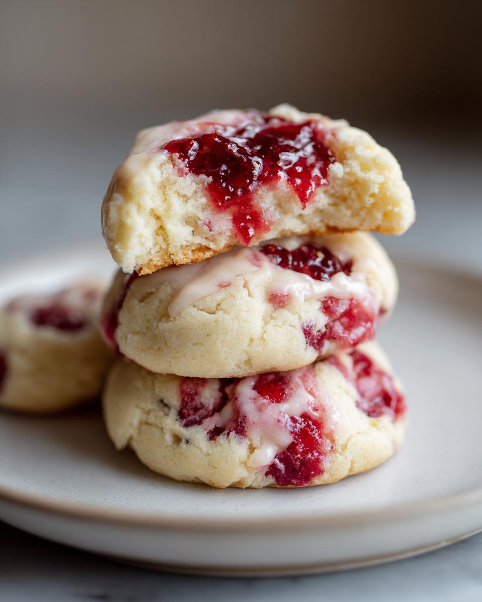 A stack of three soft strawberry cheesecake cookies topped with bright red jam and a white glaze.