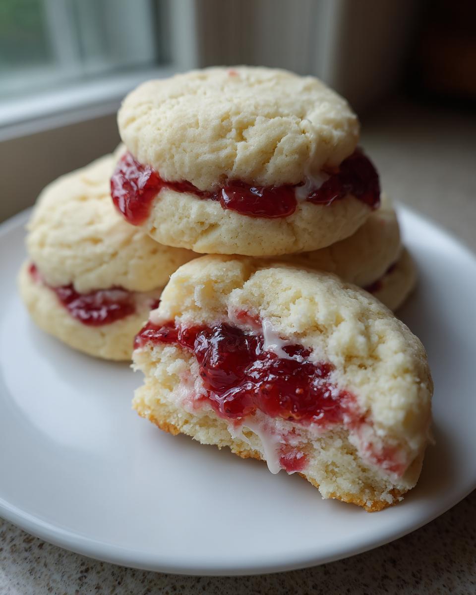 Close-up of strawberry cheesecake cookies stacked, one is broken open showing bright red strawberry filling.