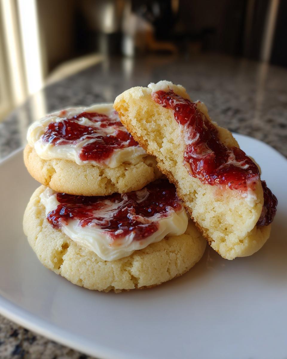 Three strawberry cheesecake cookies stacked/arranged on a white plate, one cookie is broken open showing the soft interior.
