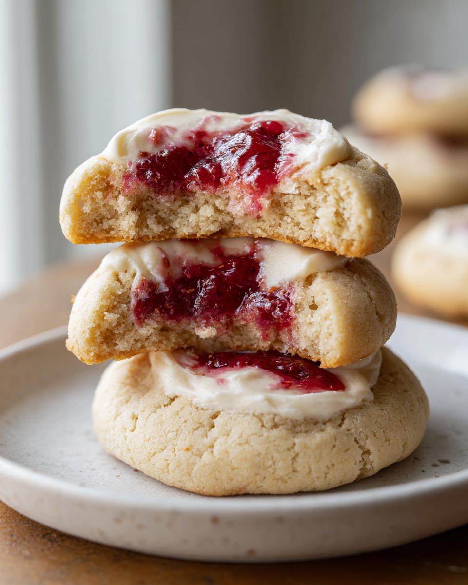 A stack of two strawberry cheesecake cookies, one broken in half to show the soft interior and bright red filling.