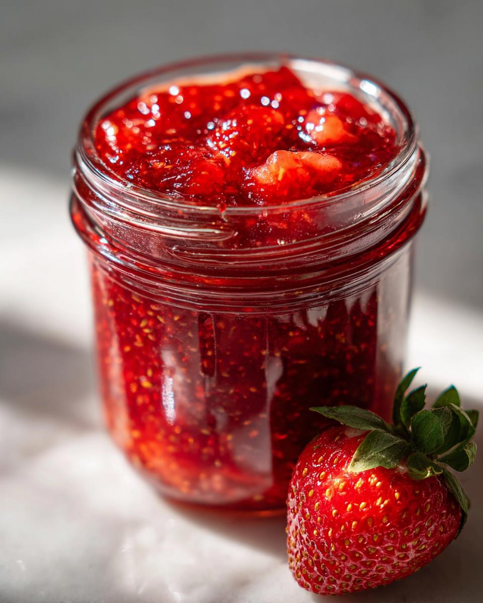 Close-up of a glass jar filled with bright red strawberry freezer jam next to a fresh strawberry.