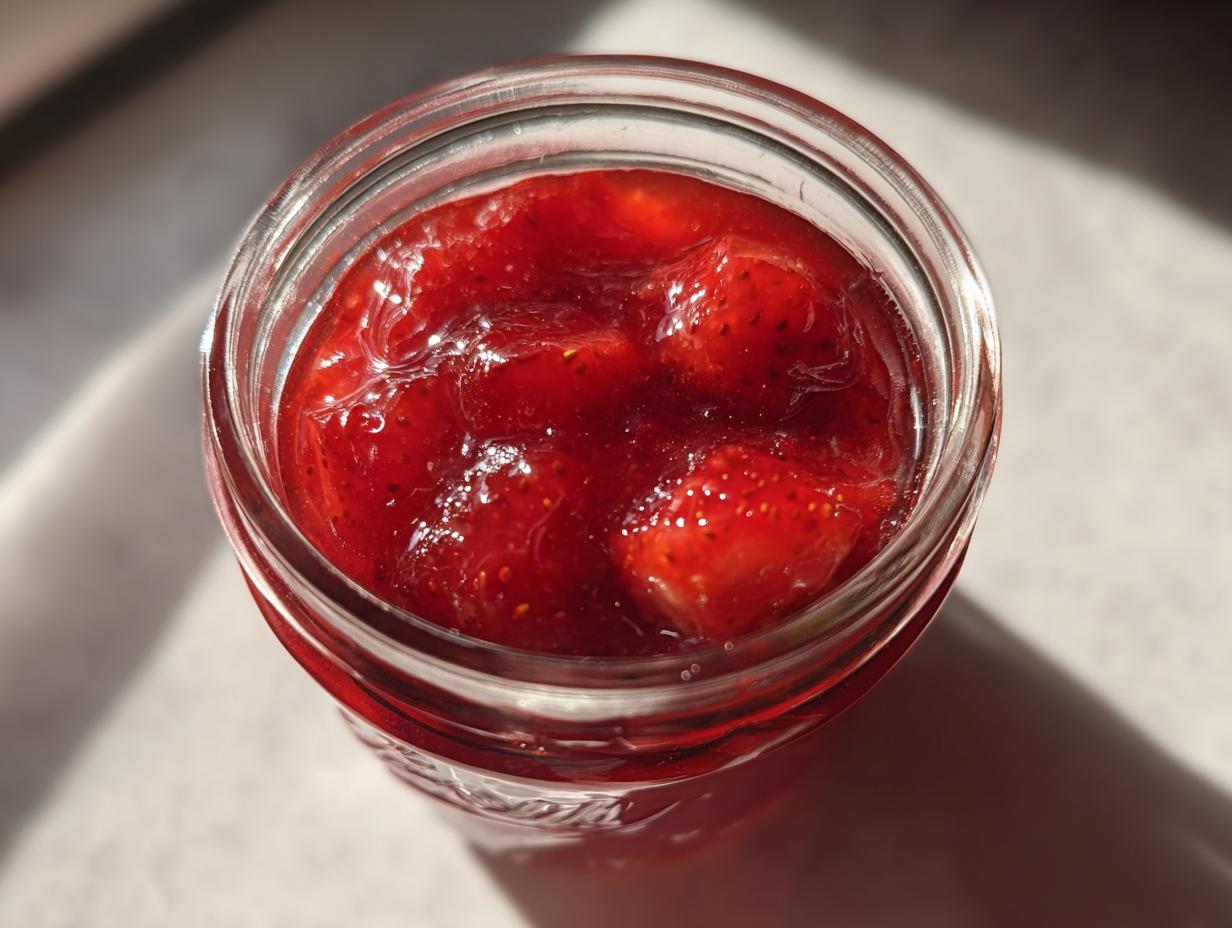 Overhead close-up of bright red strawberry freezer jam with whole fruit pieces in a glass jar.