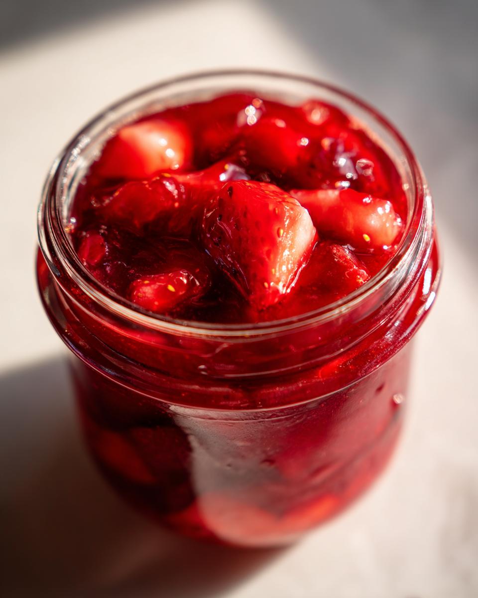 Close-up of a glass jar filled with vibrant, chunky strawberry freezer jam, glistening in the light.