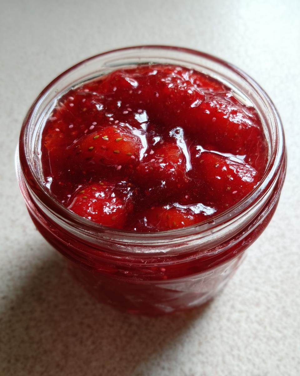 Close-up view of a glass jar filled with vibrant red strawberry freezer jam, showing whole and halved strawberries.