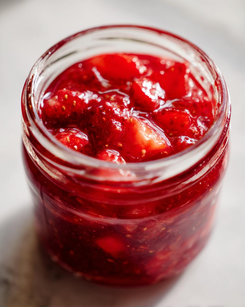 Close-up of a glass jar filled with vibrant, chunky strawberry freezer jam.