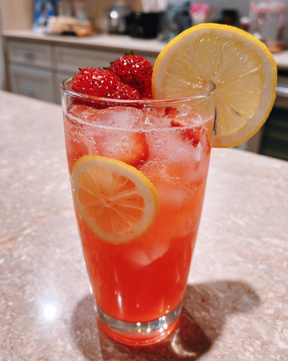 A tall glass filled with bright pink lemonade, ice, strawberries, and garnished with lemon slices.