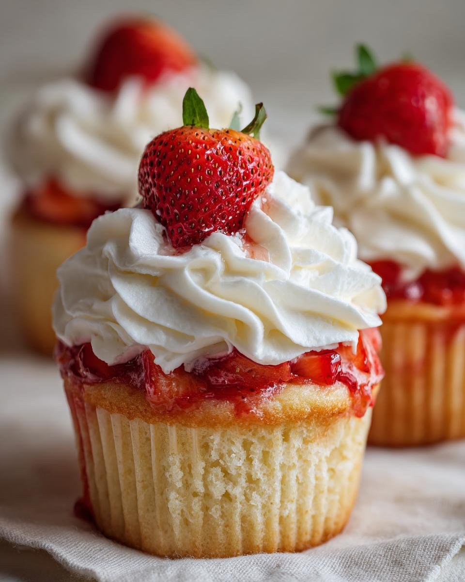 A close-up of a delicious strawberry shortcake cupcake topped with whipped cream and a fresh strawberry.