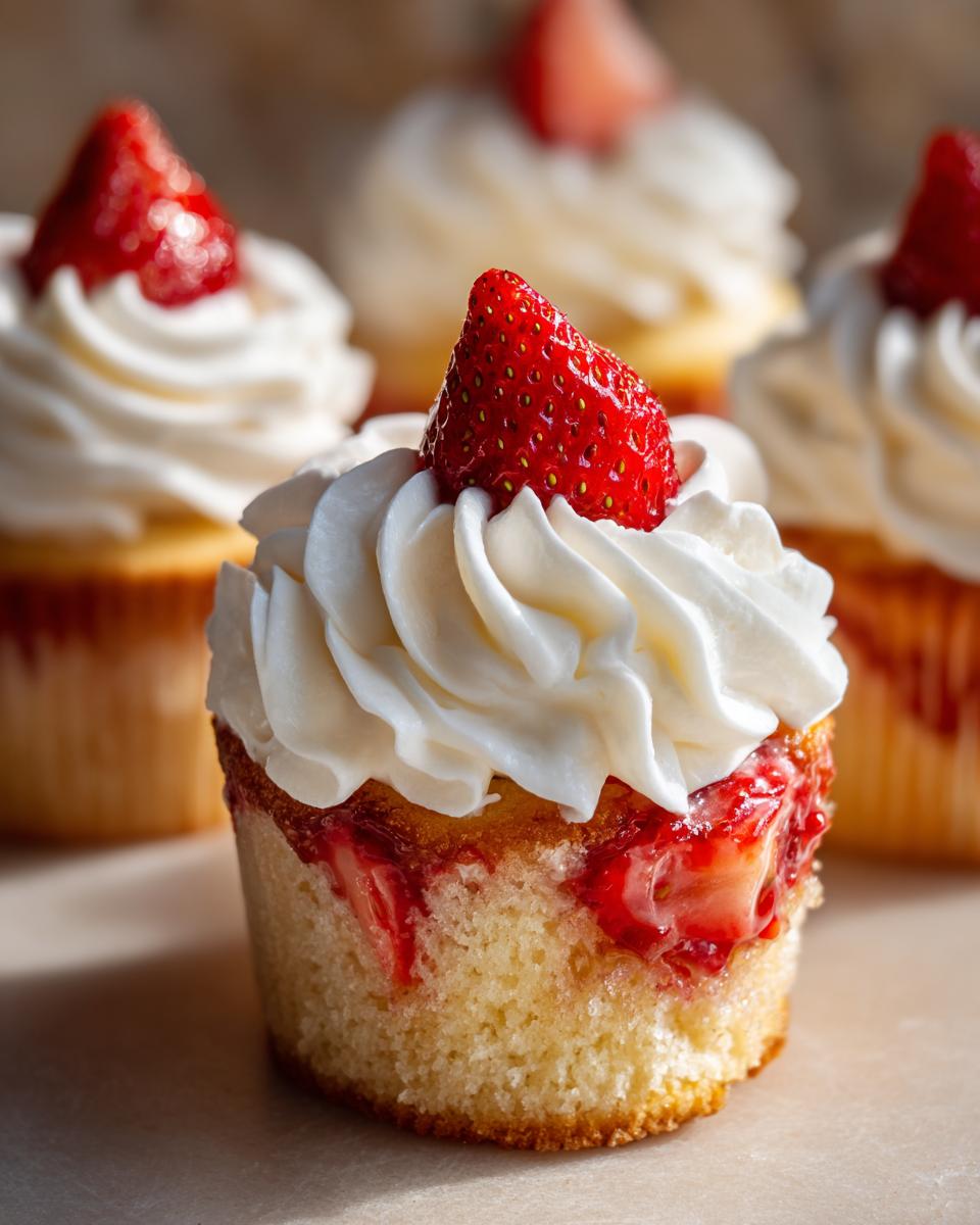 A close-up of one of the amazing strawberry shortcake cupcakes topped with white frosting and a fresh strawberry.