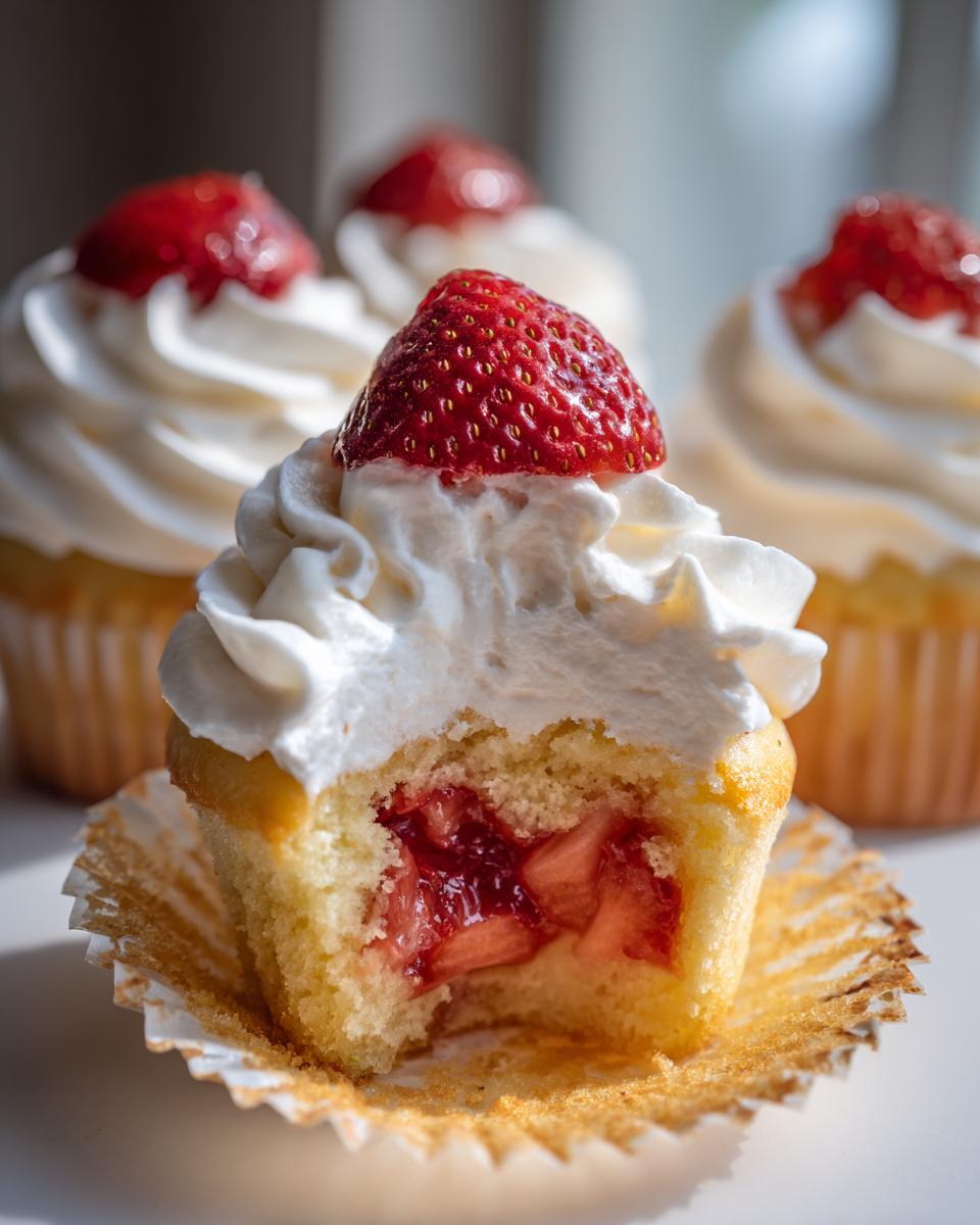 Close-up of a strawberry shortcake cupcake cut in half showing strawberry filling, whipped cream, and a fresh strawberry.