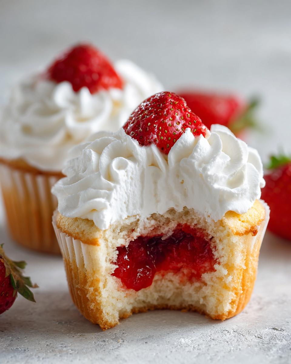 Close-up of a strawberry shortcake cupcakes with a bite taken out, revealing a bright red jam filling.
