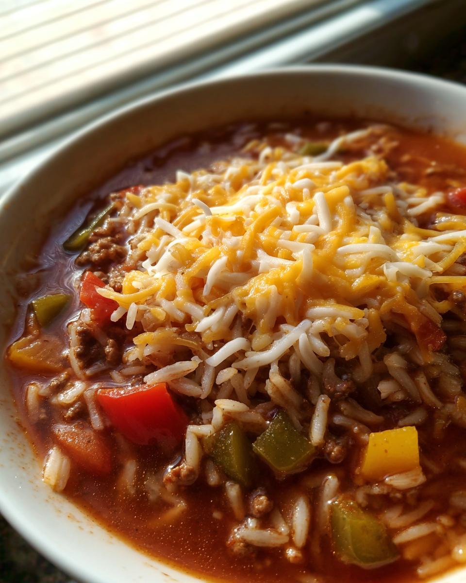 Close-up of a hearty bowl of stuffed pepper soup with rice, ground meat, peppers, and shredded cheese topping.