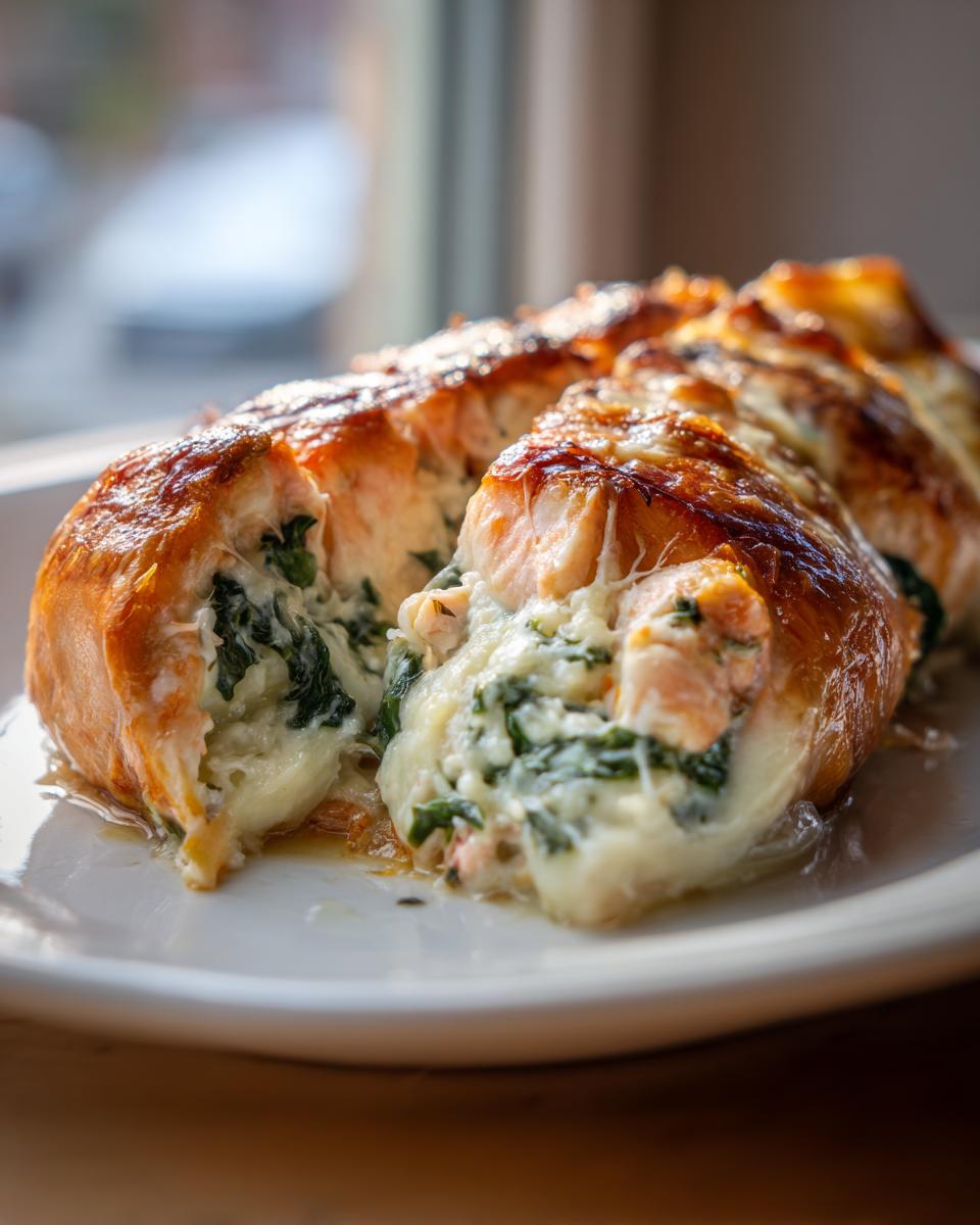 Close-up of baked stuffed salmon filled with creamy spinach and cheese filling.