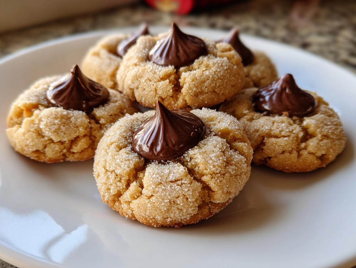 A plate featuring several freshly baked peanut butter blossom cookies, rolled in sugar and topped with a chocolate kiss.