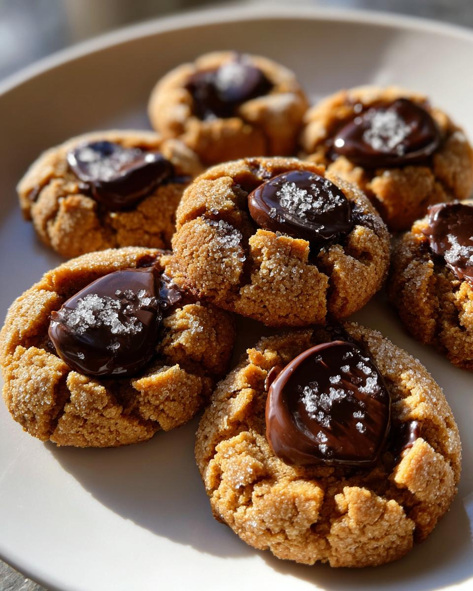 A close-up of several freshly baked peanut butter blossom cookies, topped with melted chocolate and sea salt crystals.