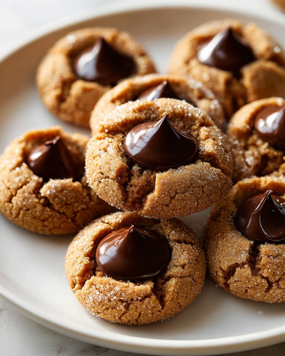 A stack of freshly baked peanut butter blossom cookies coated in sugar, each topped with a dollop of melted chocolate.