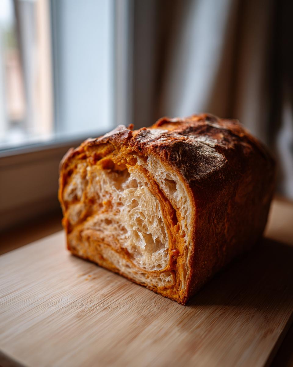 A close-up of a freshly baked pumpkin sourdough loaf cut to show the interior swirl texture.