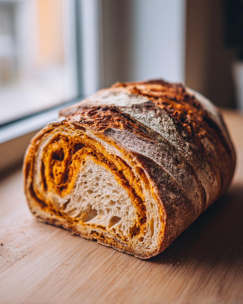 A close-up of a freshly baked pumpkin sourdough loaf, sliced to show the vibrant orange swirl filling inside.