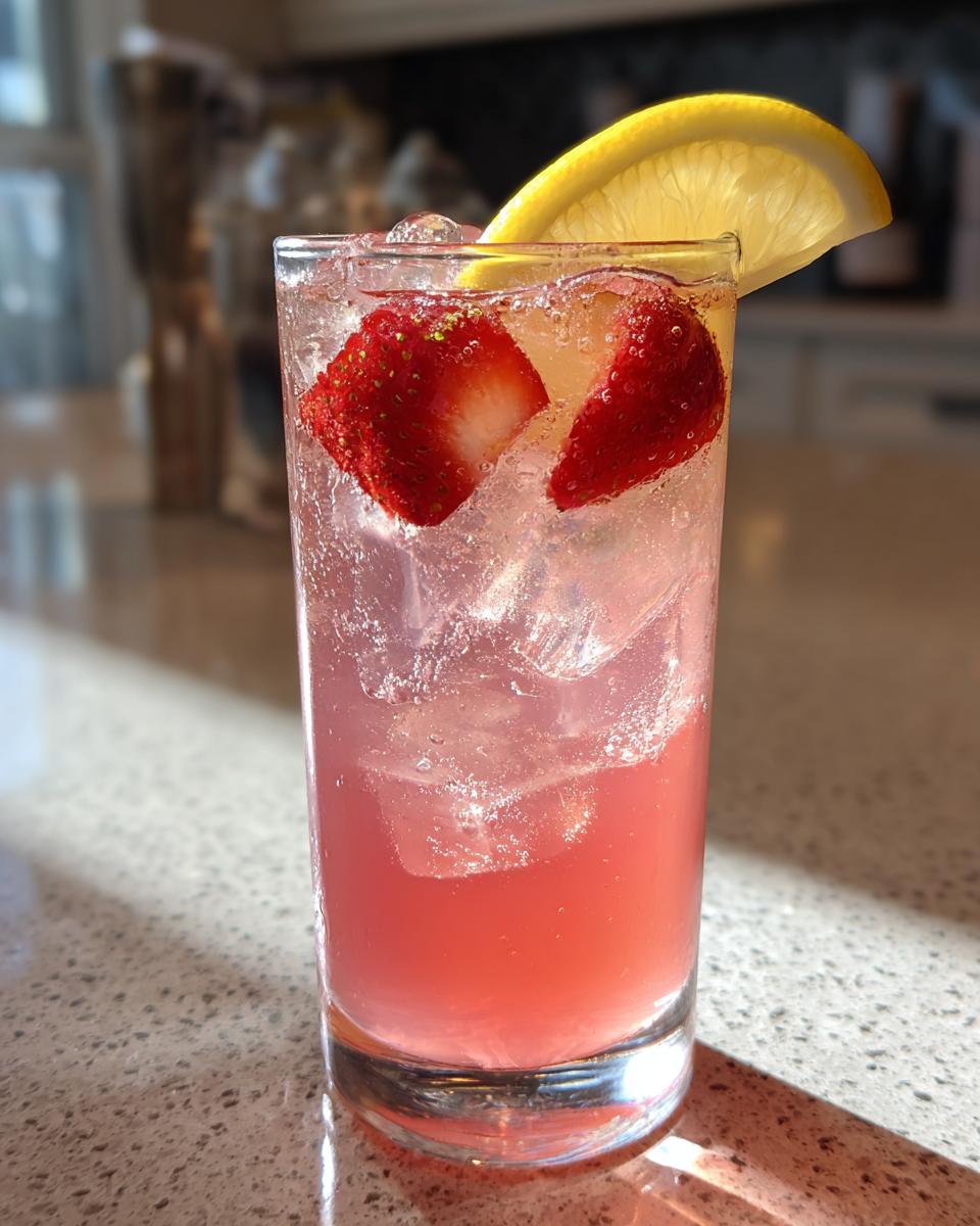 Tall glass filled with bubbly pink lemonade, ice, strawberries, and a lemon slice garnish.