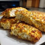 Close-up of golden, herb-crusted baked ranch chicken pieces stacked on a white plate, showing juicy white meat inside.