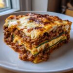 A thick, cheesy slice of zucchini lasagna featuring layers of ground meat sauce and visible zucchini noodles.
