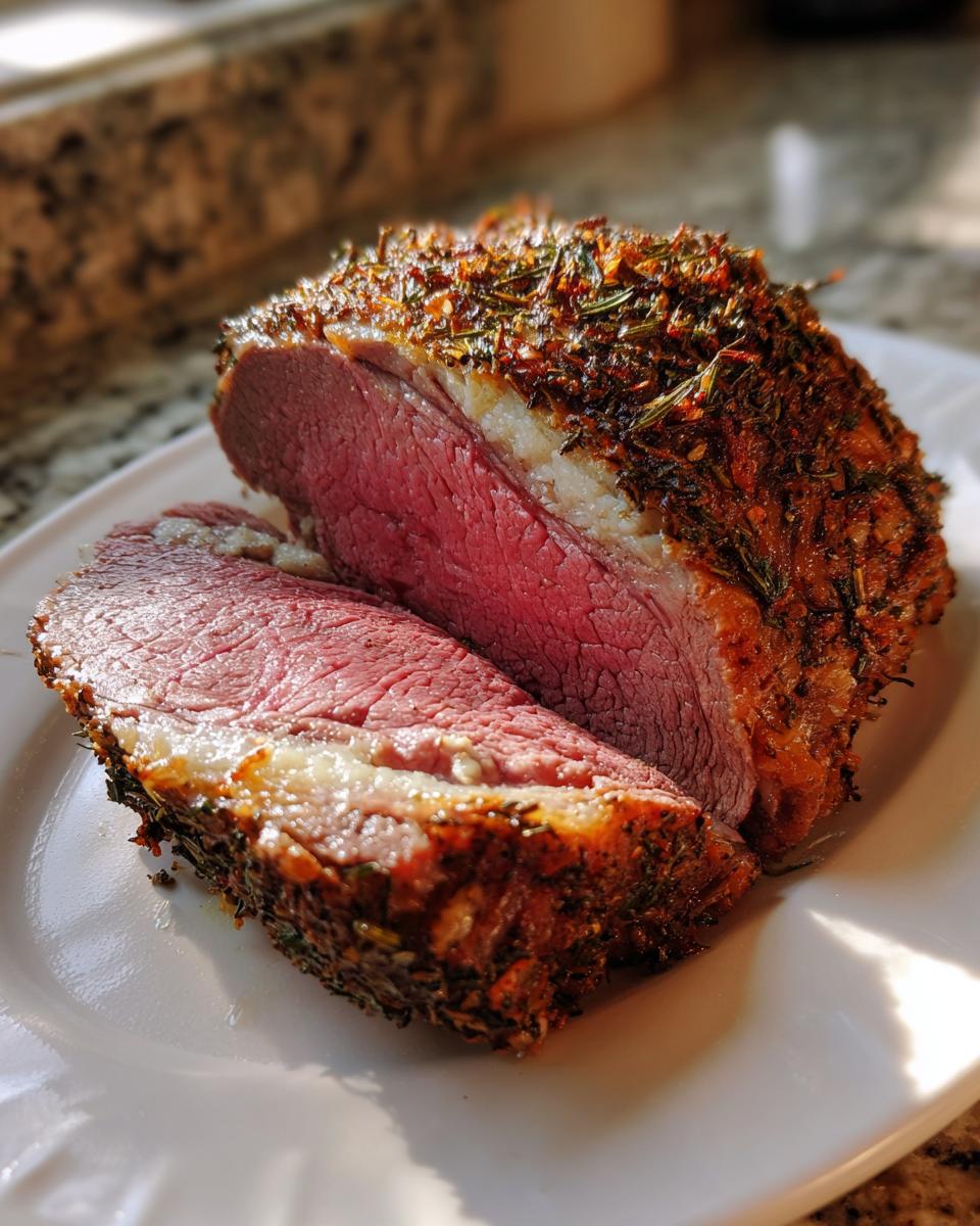 A thick slice of medium-rare rib roast with a dark herb crust resting on a white plate.