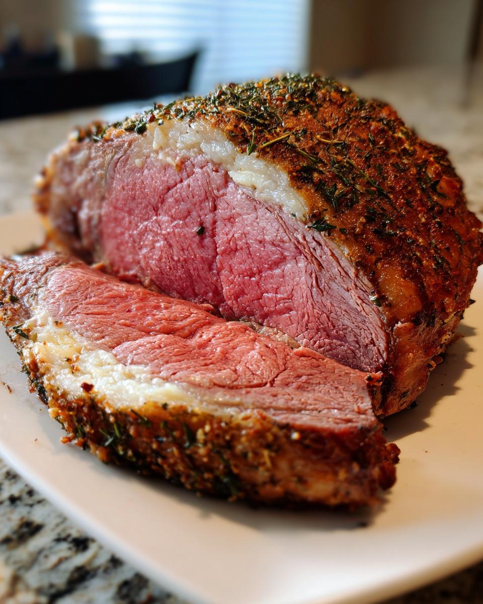 Close-up of a perfectly cooked, medium-rare rib roast, sliced to show the pink center and herb crust.