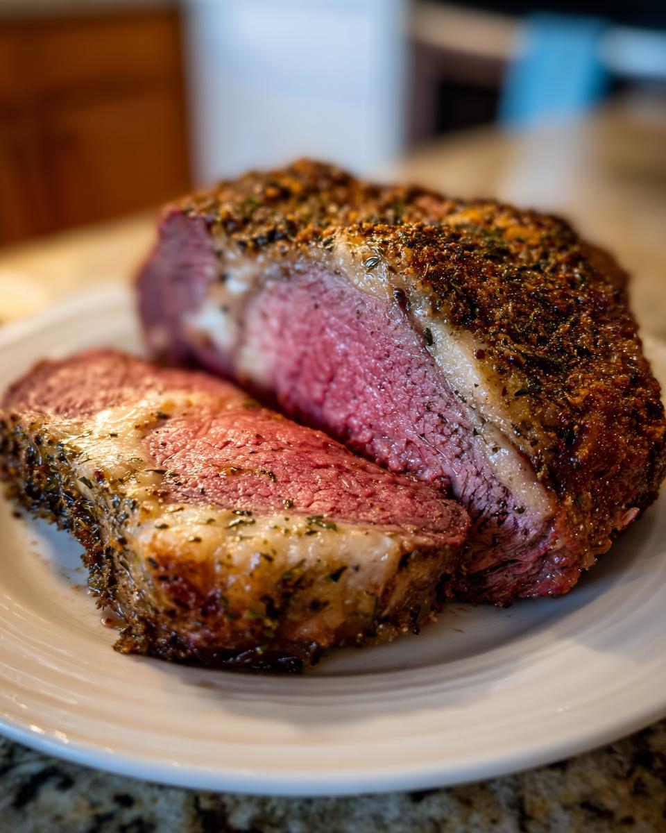 Close-up of a perfectly cooked, medium-rare rib roast, sliced to show the pink center and herb crust.
