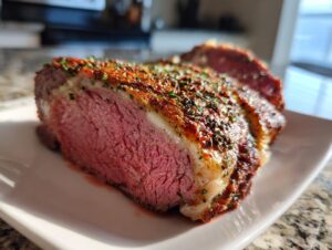 Close-up of a perfectly cooked, medium-rare rib roast slice showing a bright pink center and seasoned crust.