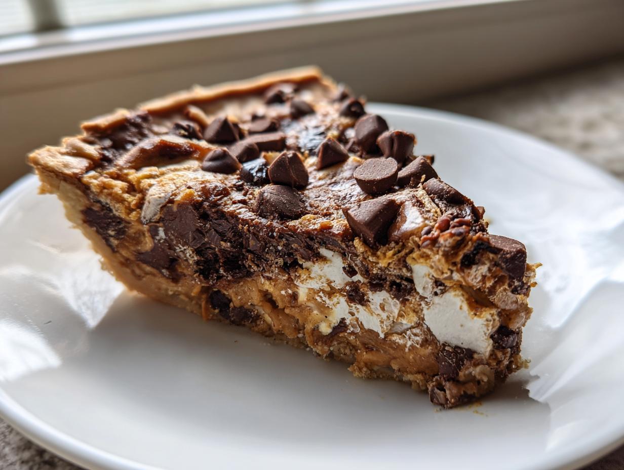 A close-up slice of rich Texas Trash Pie showing layers of chocolate, marshmallows, and a graham cracker crust, topped with chocolate chips.