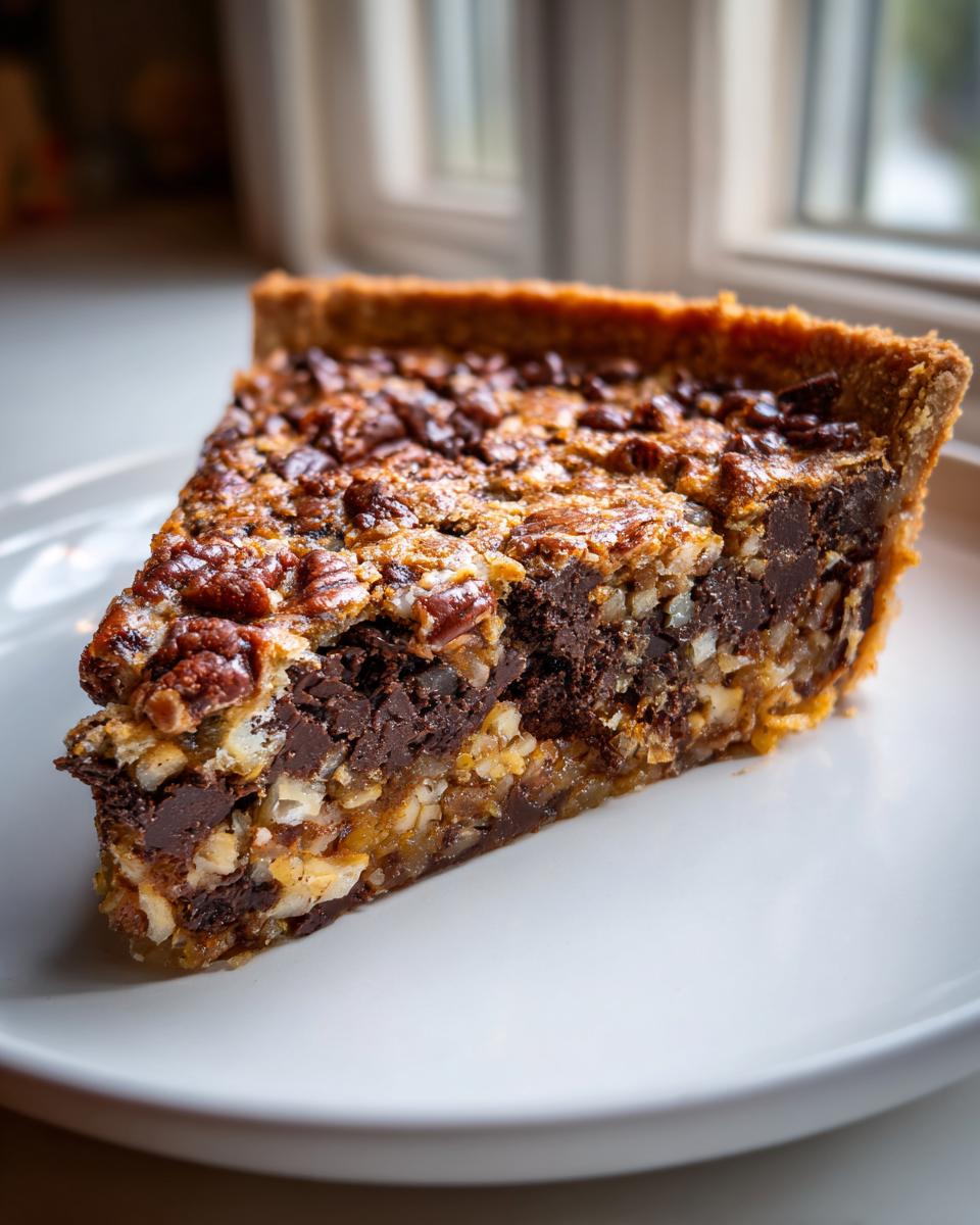 A close-up slice of decadent Texas Trash Pie showing layers of chocolate, nuts, and a pecan topping on a white plate.