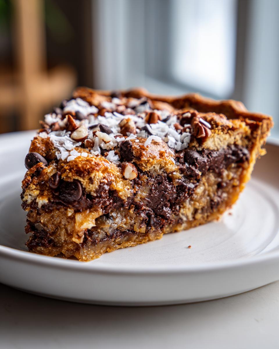 Close-up of a rich slice of texas trash pie loaded with chocolate chips, pecans, and coconut.