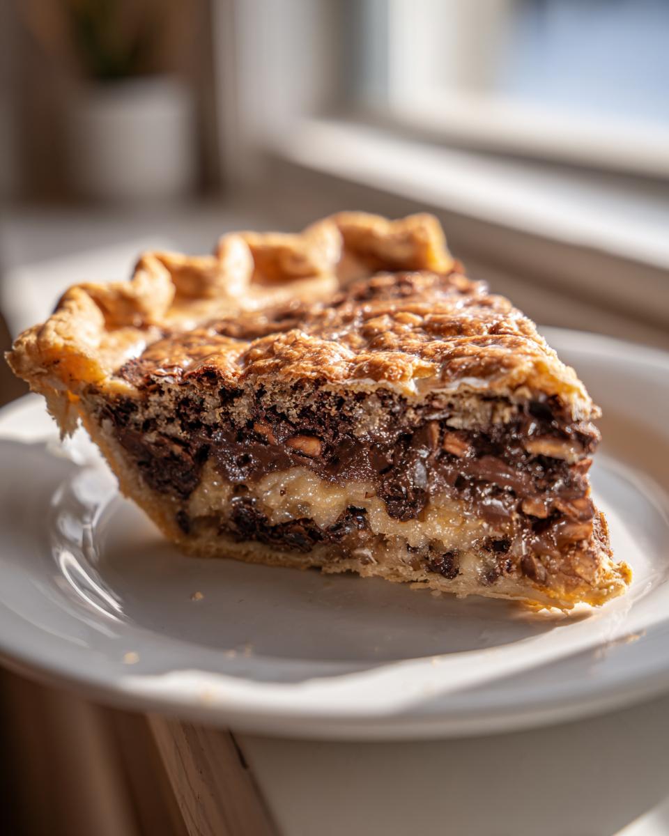 A close-up, sunlit slice of Texas trash pie showing a rich, gooey chocolate and nut filling in a flaky crust.