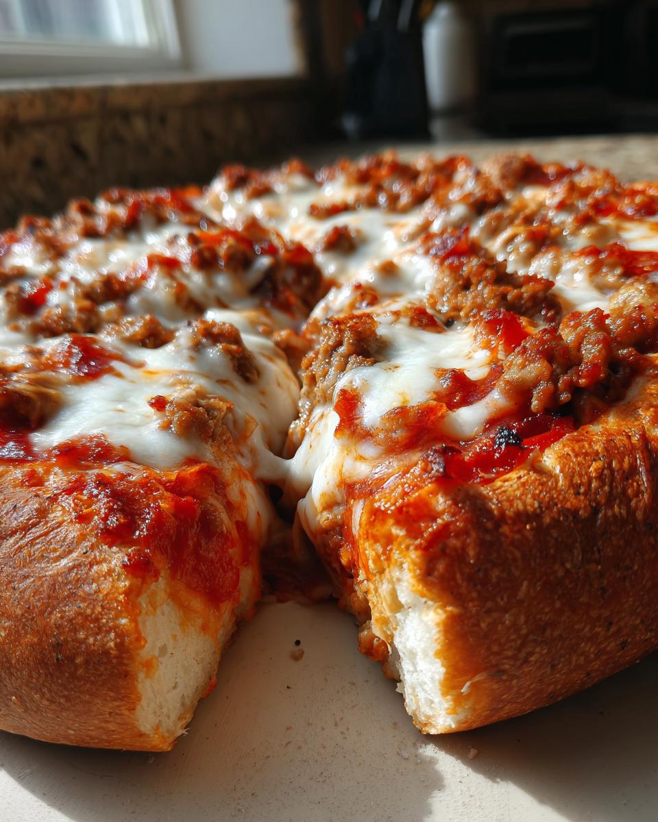 Close-up of a thick-crusted chicken crust pizza slice with melted mozzarella cheese and meat topping.
