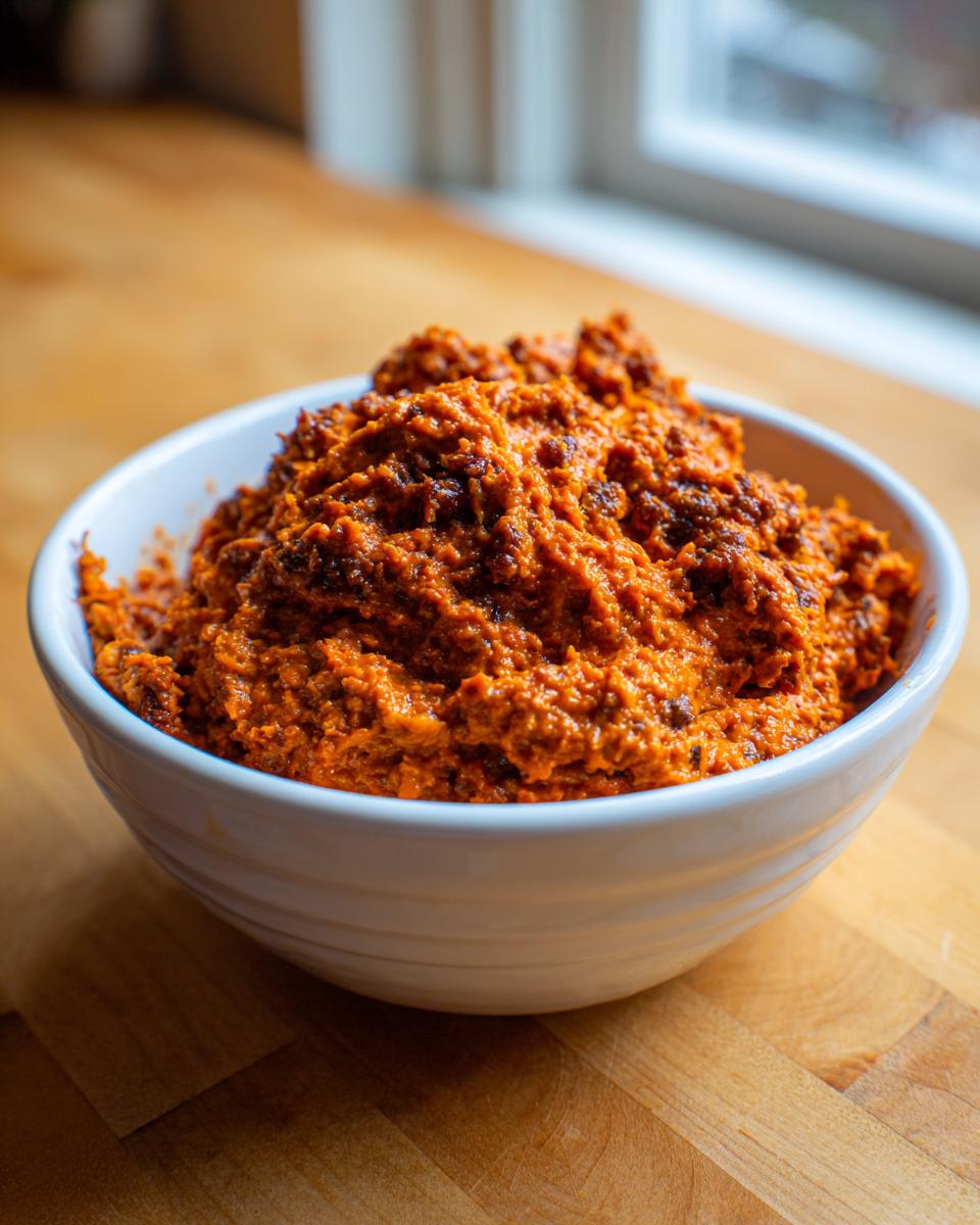 A close-up of a thick, textured, bright orange rotel dip served in a white bowl on a wooden surface.