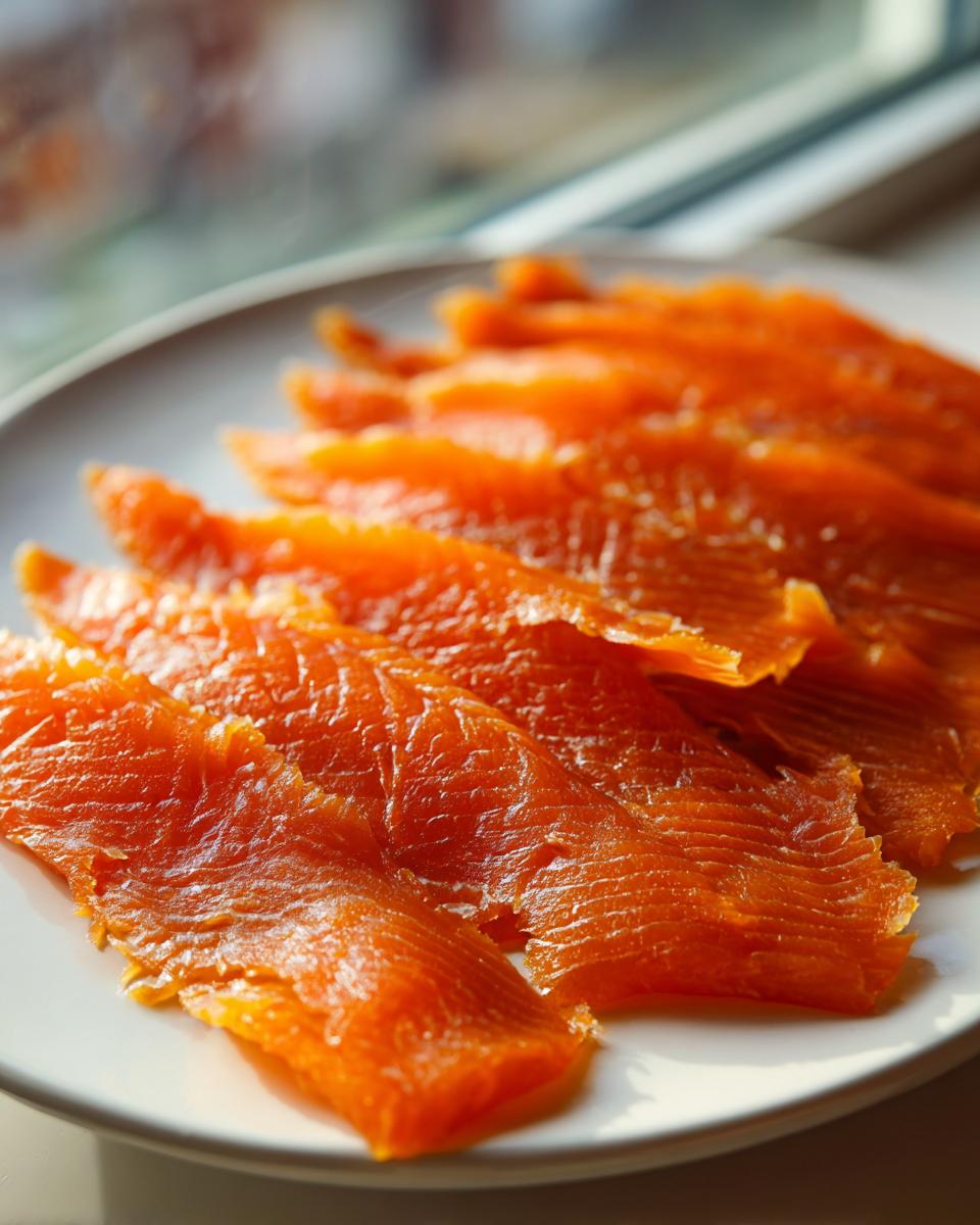 Close-up of bright orange, thinly sliced smoked salmon arranged on a white plate near a window.