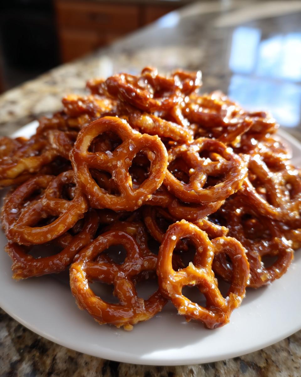 A close-up of a mound of shiny, glazed toffee pretzels sprinkled with salt, served on a white plate.