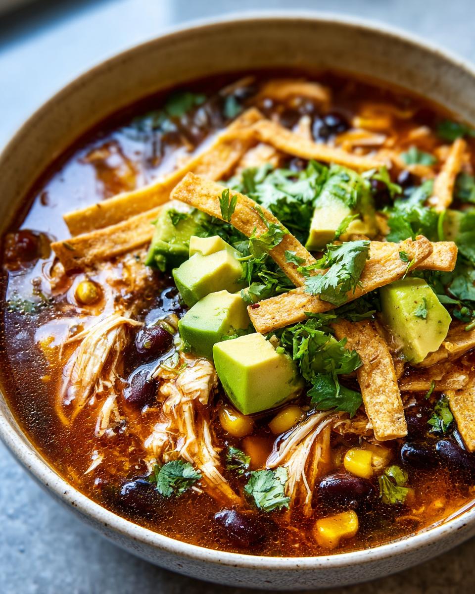 A close-up bowl of rich, dark tortilla soup recipe topped with shredded chicken, black beans, corn, avocado cubes, cilantro, and tortilla strips.